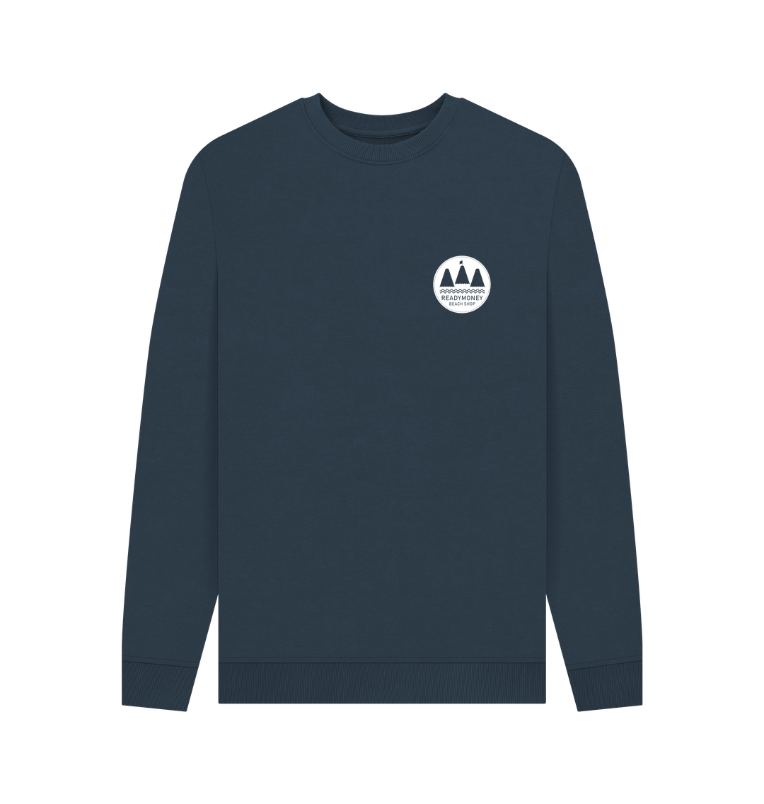 navy blue crew neck sweatshirt front view organic cotton with small white coastal logo on the chest sustainable men's apparel and casual wear