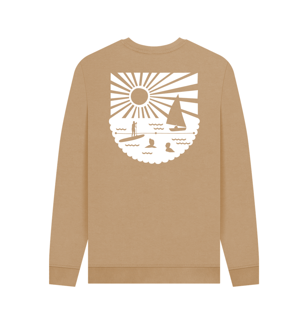 sand crew neck sweatshirt with a white coastal back graphic features a sun, sailboat, and paddleboarder eco-friendly beachwear apparel