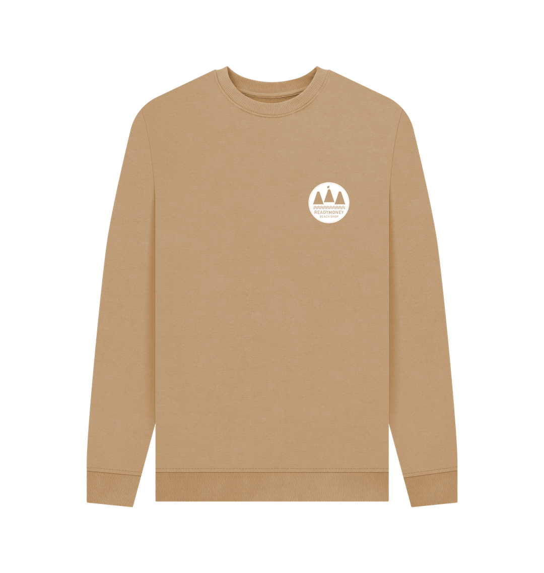 sand crew neck sweatshirt front view organic cotton with small white coastal logo on the chest sustainable men's apparel and casual wear