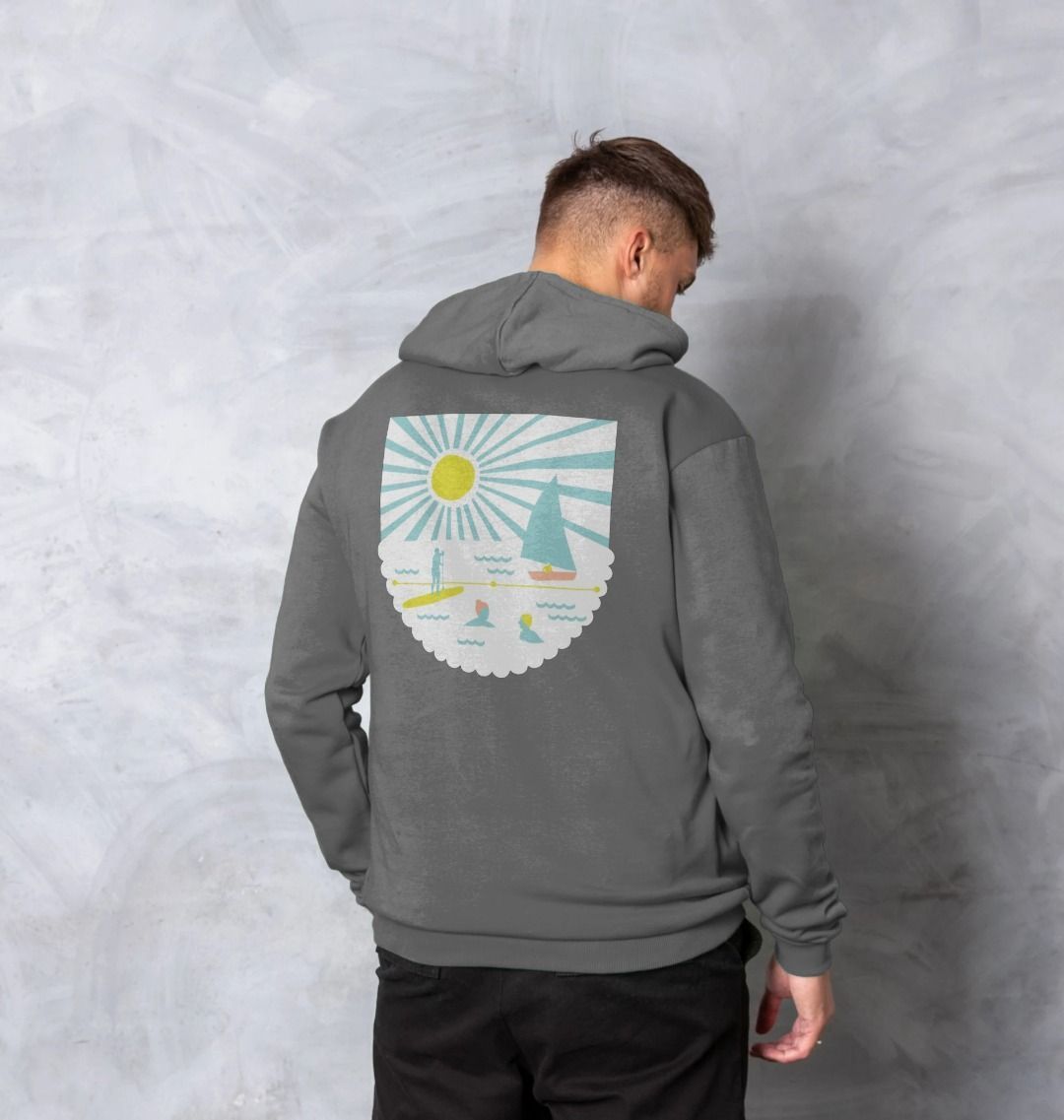 men's organic cotton hoodie with Readymoney Cove beach graphic on the back perfect casual wear for outdoor adventures
