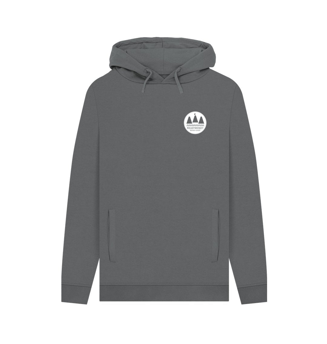 men's Readymoney Cove graphic hoodie front view slate grey organic cotton pullover with small chest logo sustainable casual wear