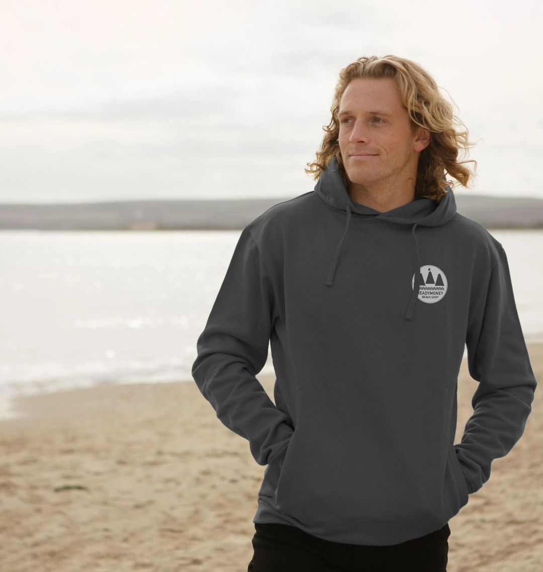 men's casual hoodie in slate grey at the beach sustainable garment with a Readymoney Cove logo outdoor style