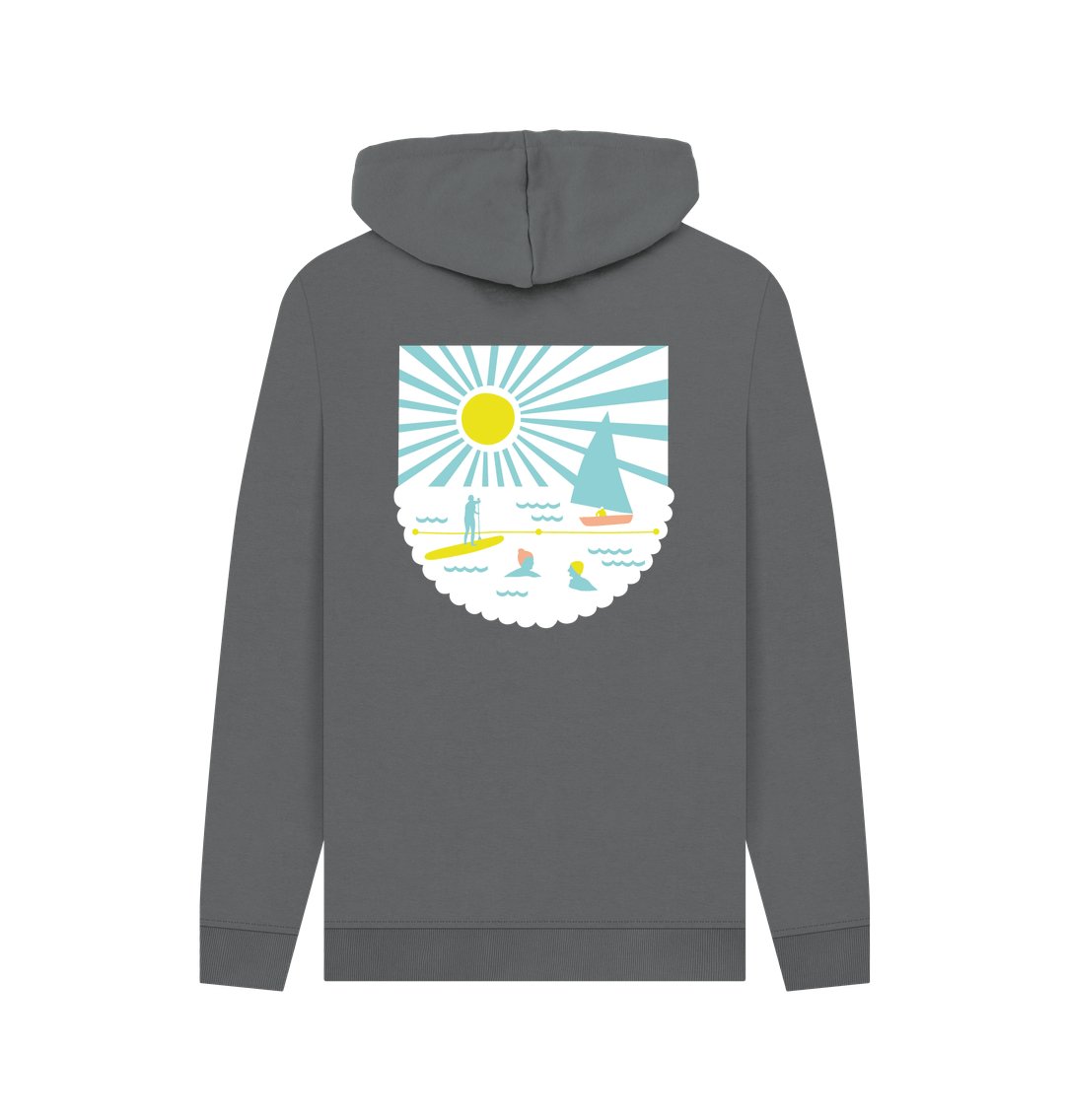 men's graphic sweater with paddleboard and sailing motif slate grey zip hoodie perfect for coastal style and outdoor activities
