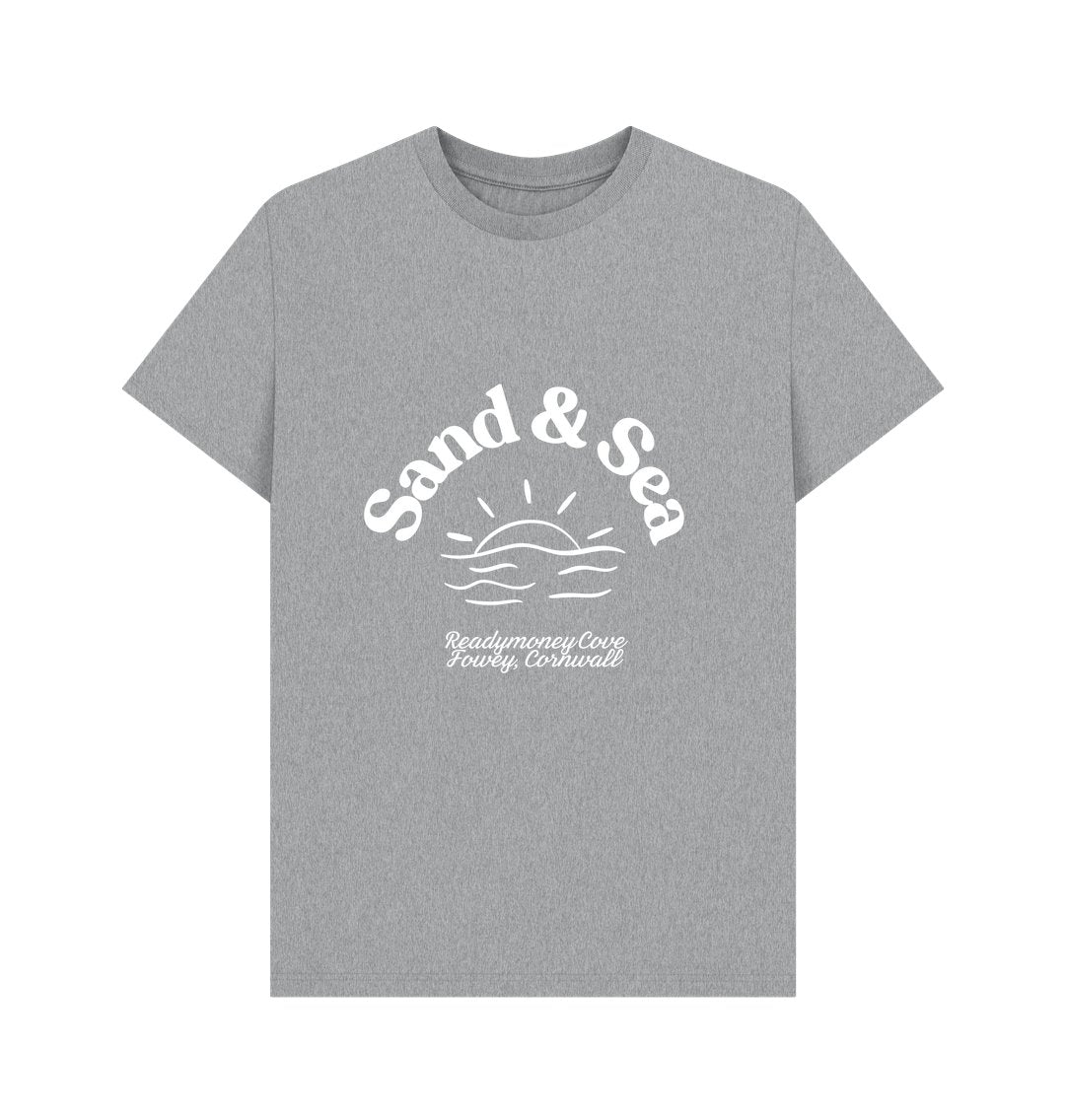 athletic grey men's T-shirt features a white "Sand & Sea" sun and waves graphic Readymoney Cove, Fowey, Cornwall text coastal apparel