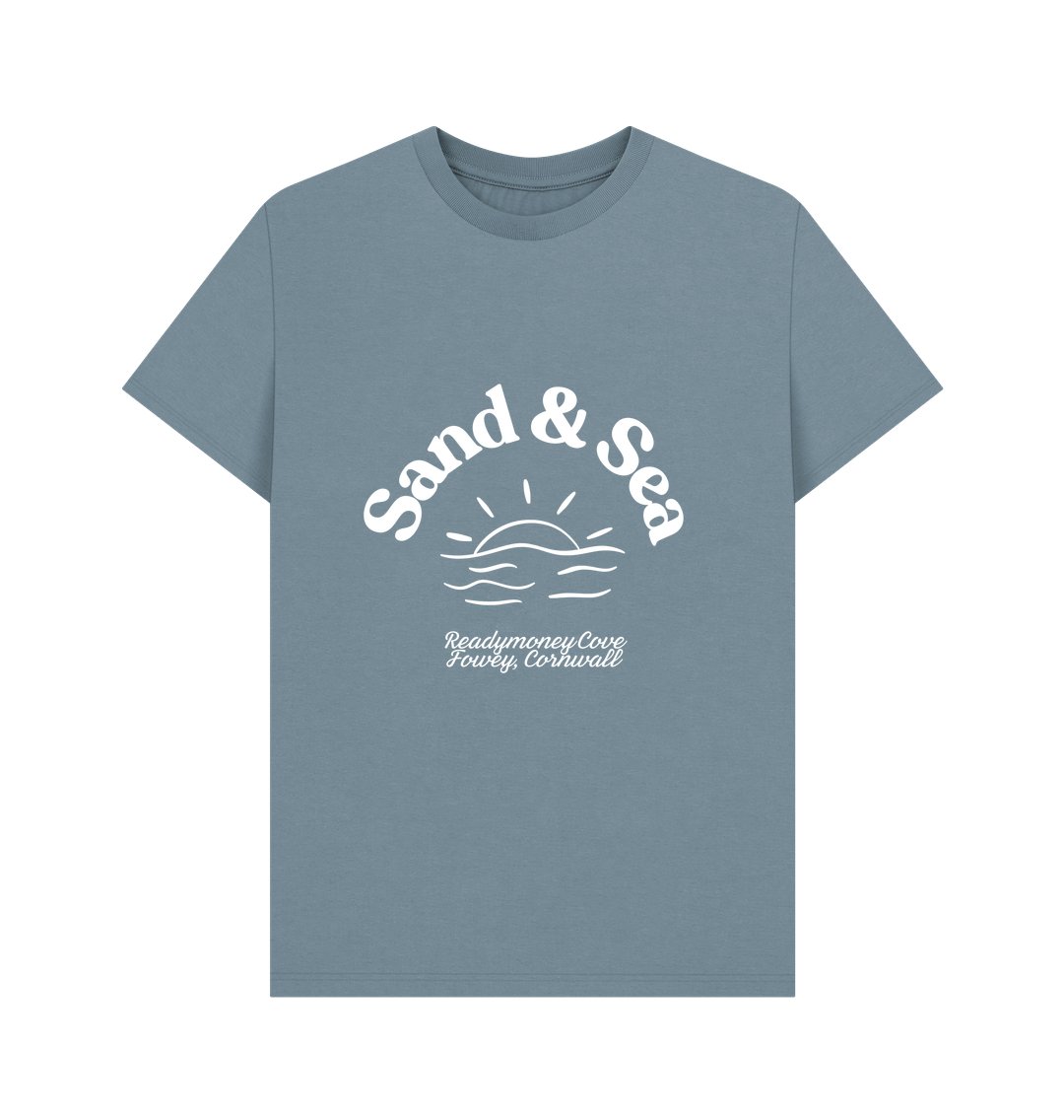men's Sand & Sea T-shirt in stone blue features a white sun and waves graphic with "Readymoney Cove, Fowey, Cornwall" text coastal tee