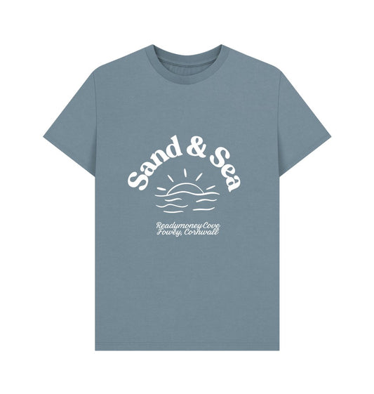 men's Sand & Sea T-shirt in stone blue features a white sun and waves graphic with "Readymoney Cove, Fowey, Cornwall" text coastal tee