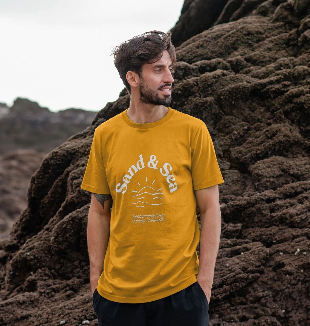mustard yellow T-shirt for him, featuring a bold sun and waves design casual coastal lifestyle sustainable apparel
