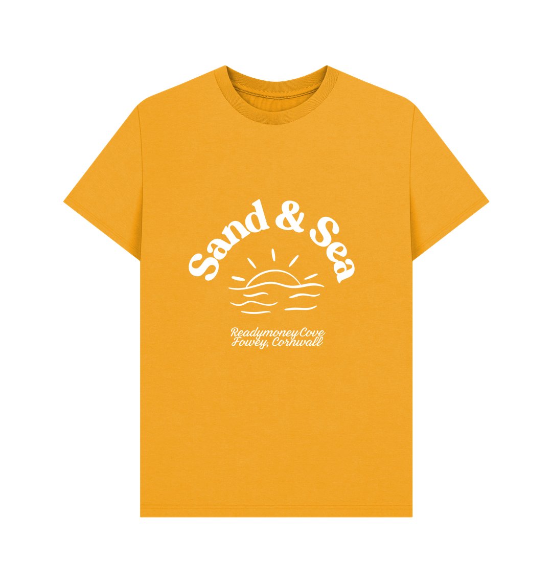 mustard yellow men's T-shirt. Features a white "Sand & Sea" graphic with sun and waves Readymoney Cove, Cornwall location coastal apparel