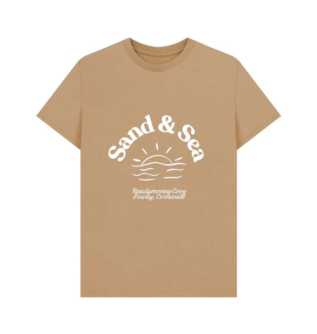 sand-colored T-shirt for men featuring the "Sand & Sea" graphic coastal apparel with Cornwall location text organic tee