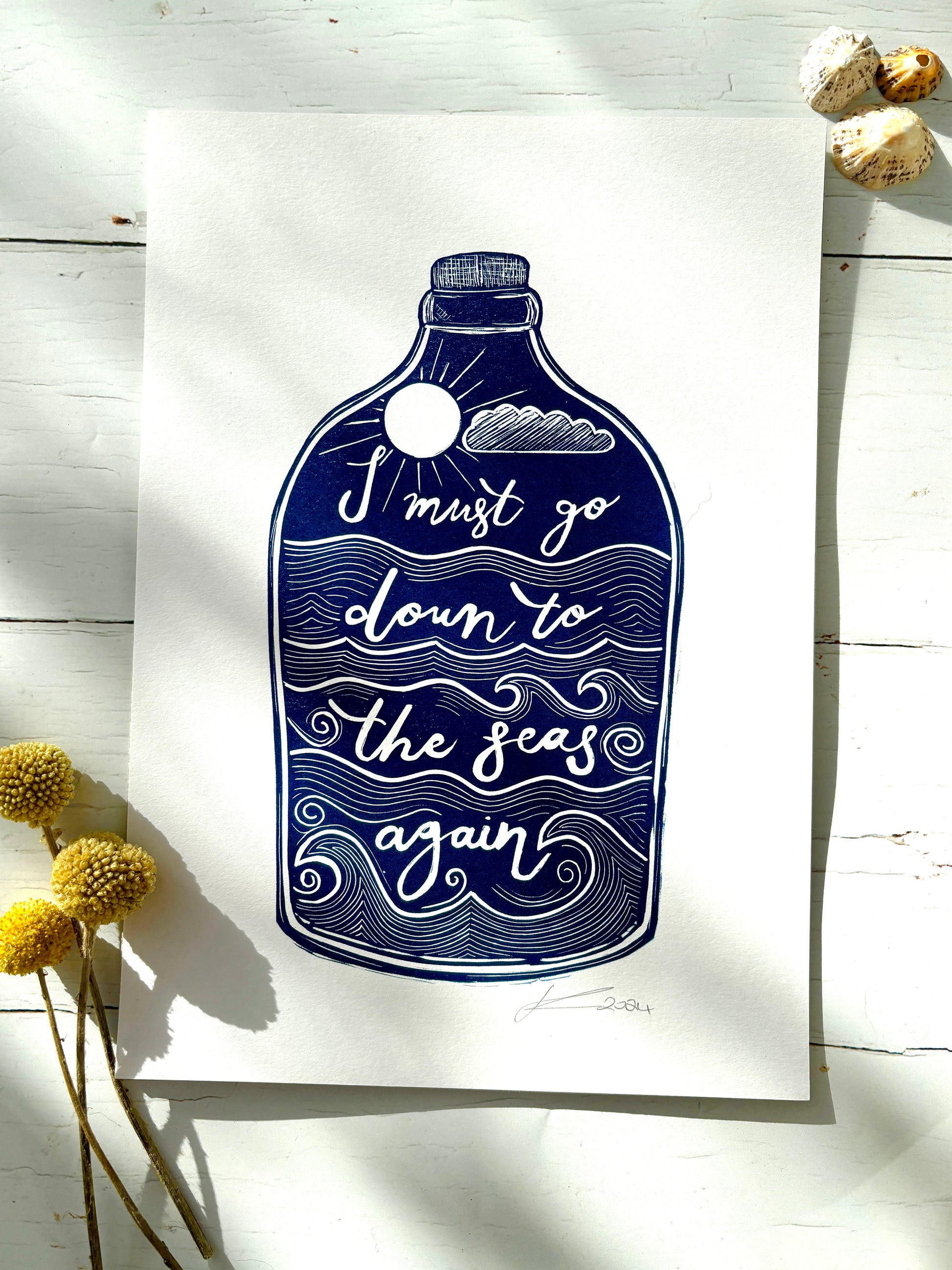 handprinted nautical lino art with waves and quote—coastal wall decor for sea lovers and ocean dreamers