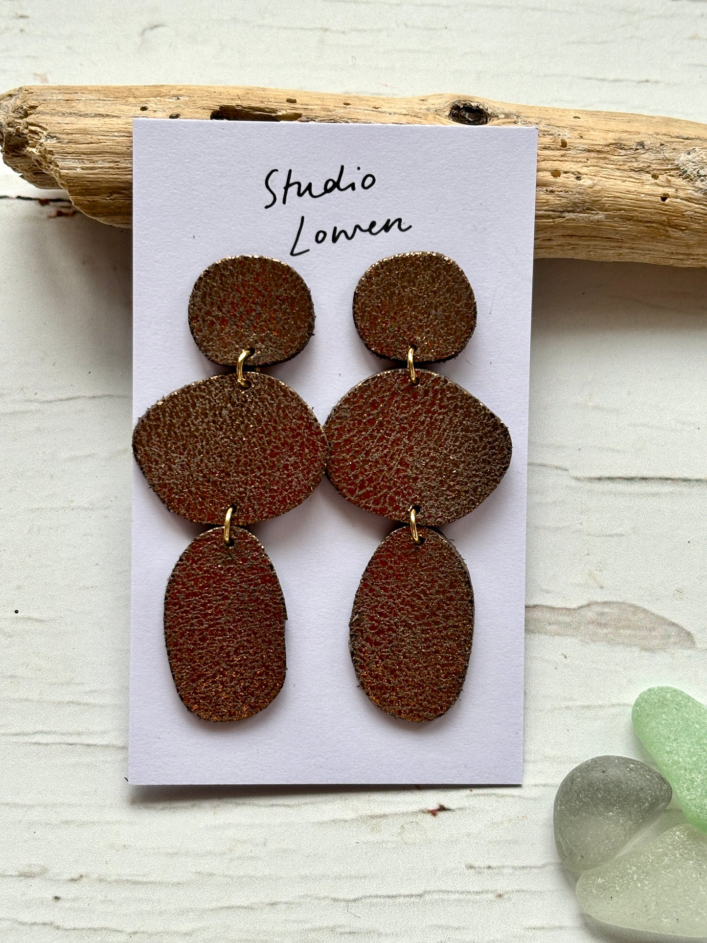 triple metallic bronze leatherette drop earrings handmade statement jewelry layered oval shape, modern fashion