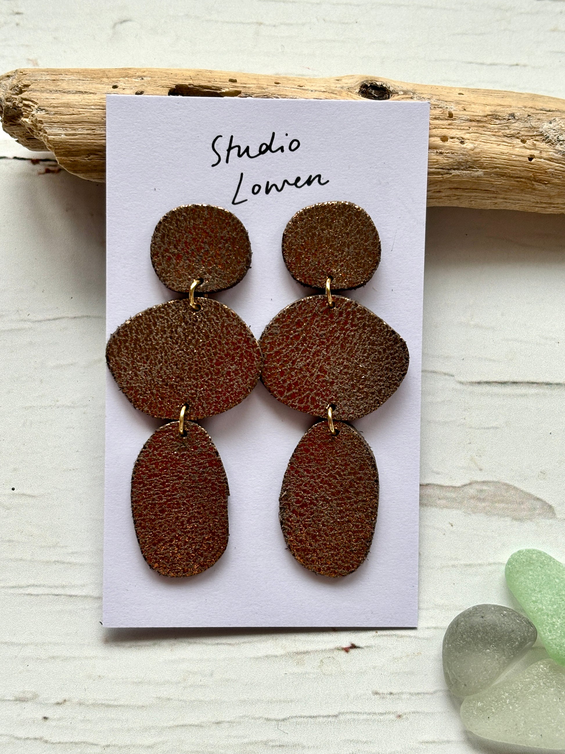 triple metallic bronze leatherette drop earrings handmade statement jewelry layered oval shape, modern fashion