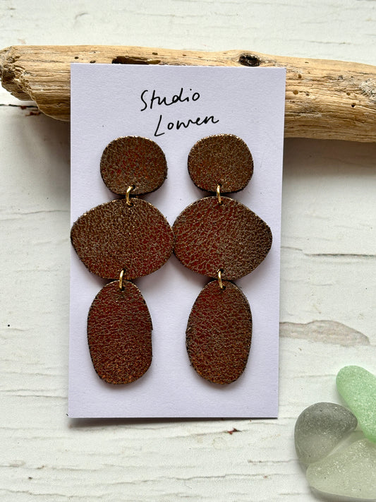 triple metallic bronze leatherette drop earrings handmade statement jewelry layered oval shape, modern fashion