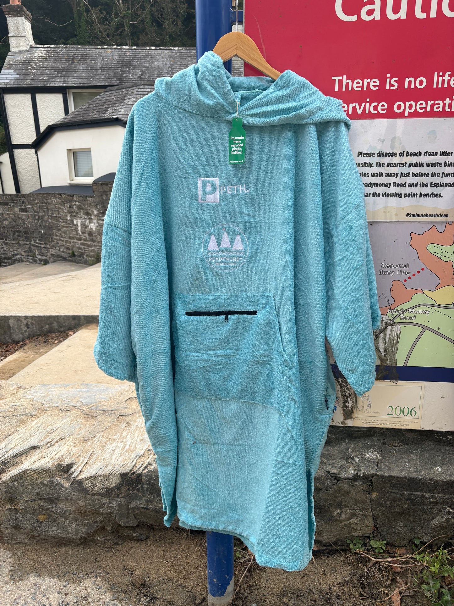aqua hooded microfiber robe—soft, quick-dry towel poncho with coastal logo for beach-loving kids and adults