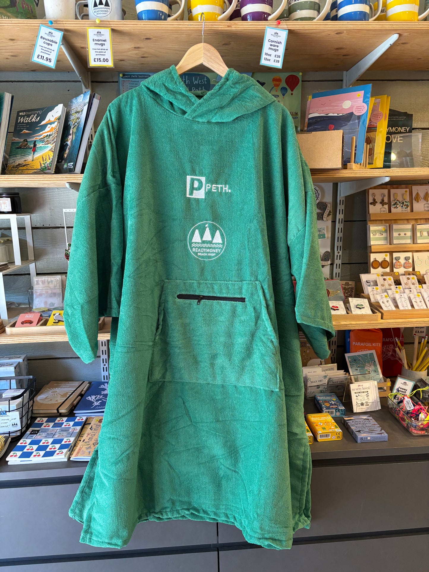 green peak district microfiber hooded robe for adults and kids—soft, quick-dry poncho with mountain logo for outdoor adventures