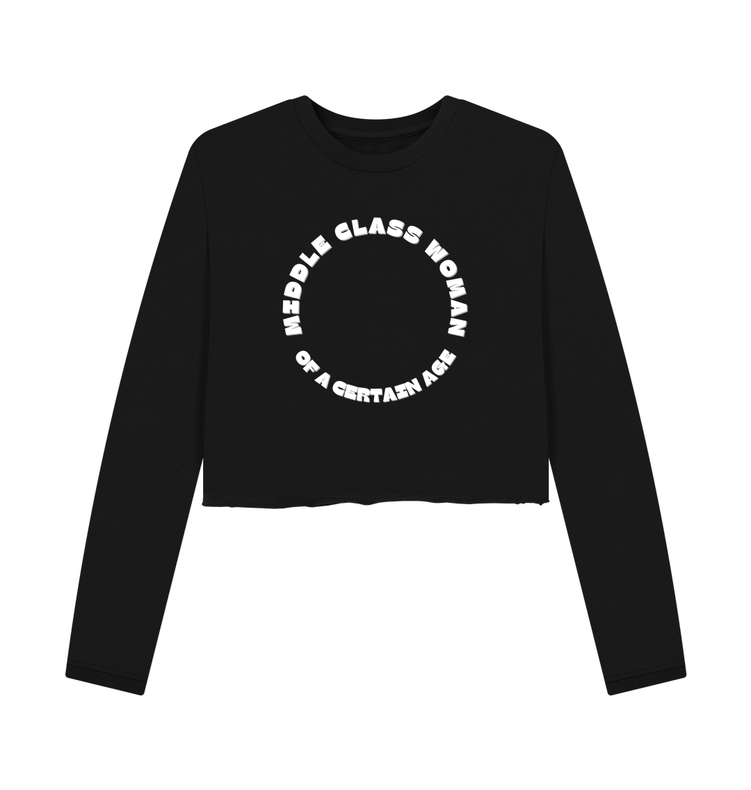 black cropped sweatshirt middle class woman slogan, boxy fit jumper, graphic casual loungewear top, women's streetwear