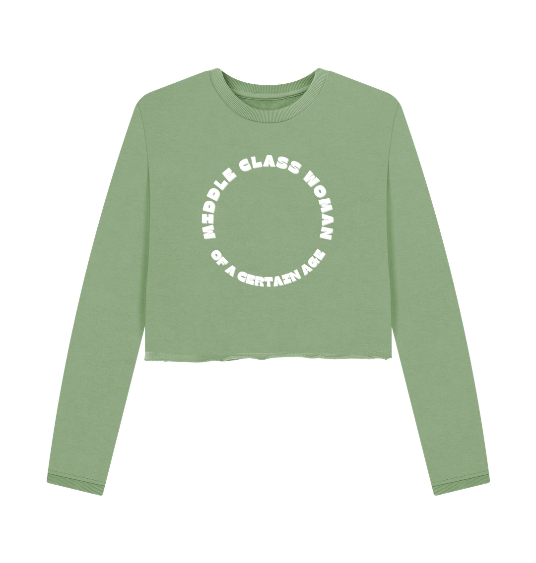 sage green cropped sweatshirt middle class woman slogan, boxy fit casual jumper, graphic loungewear top, women's wear