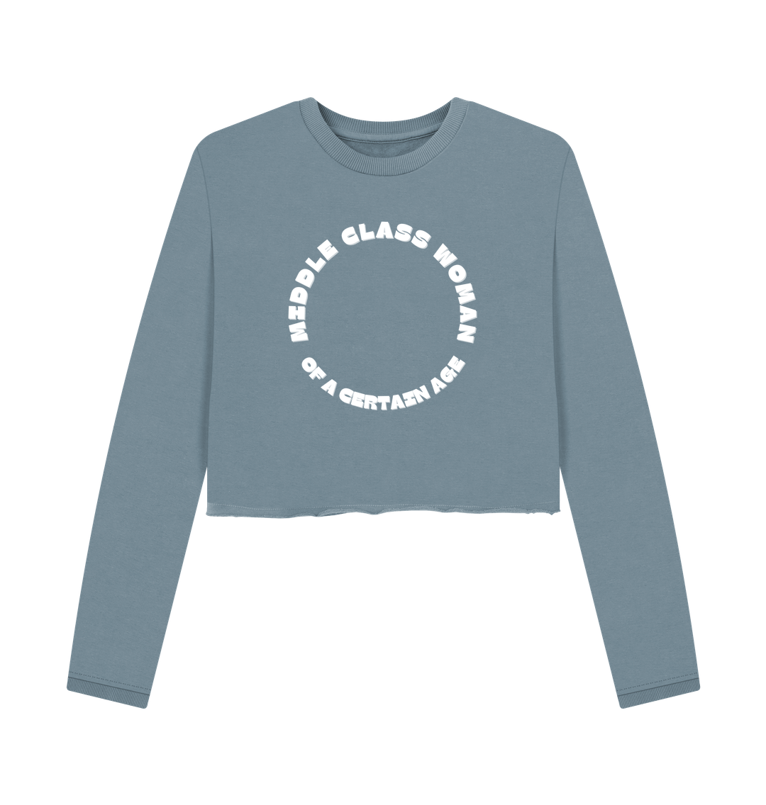 stone blue cropped sweatshirt middle class woman slogan, boxy fit casual jumper, graphic loungewear top, relaxed fit