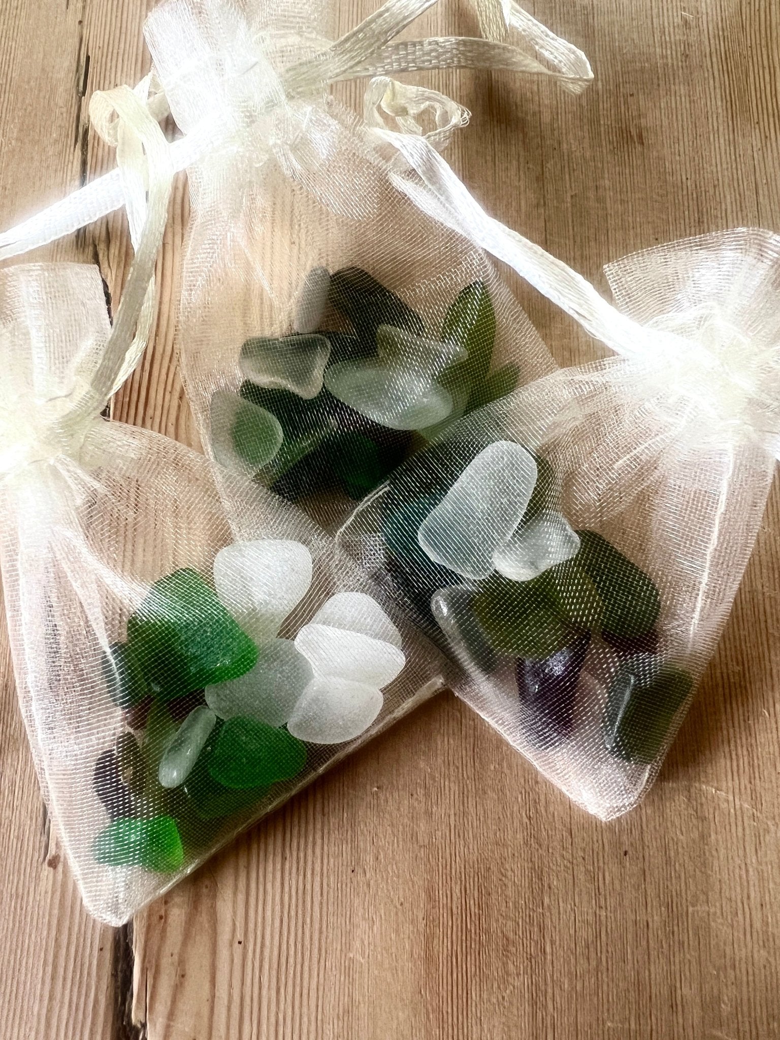 sea glass gift bag white organza ribbon, cornish beach glass green frosted pieces, coastal jewelry making supplies