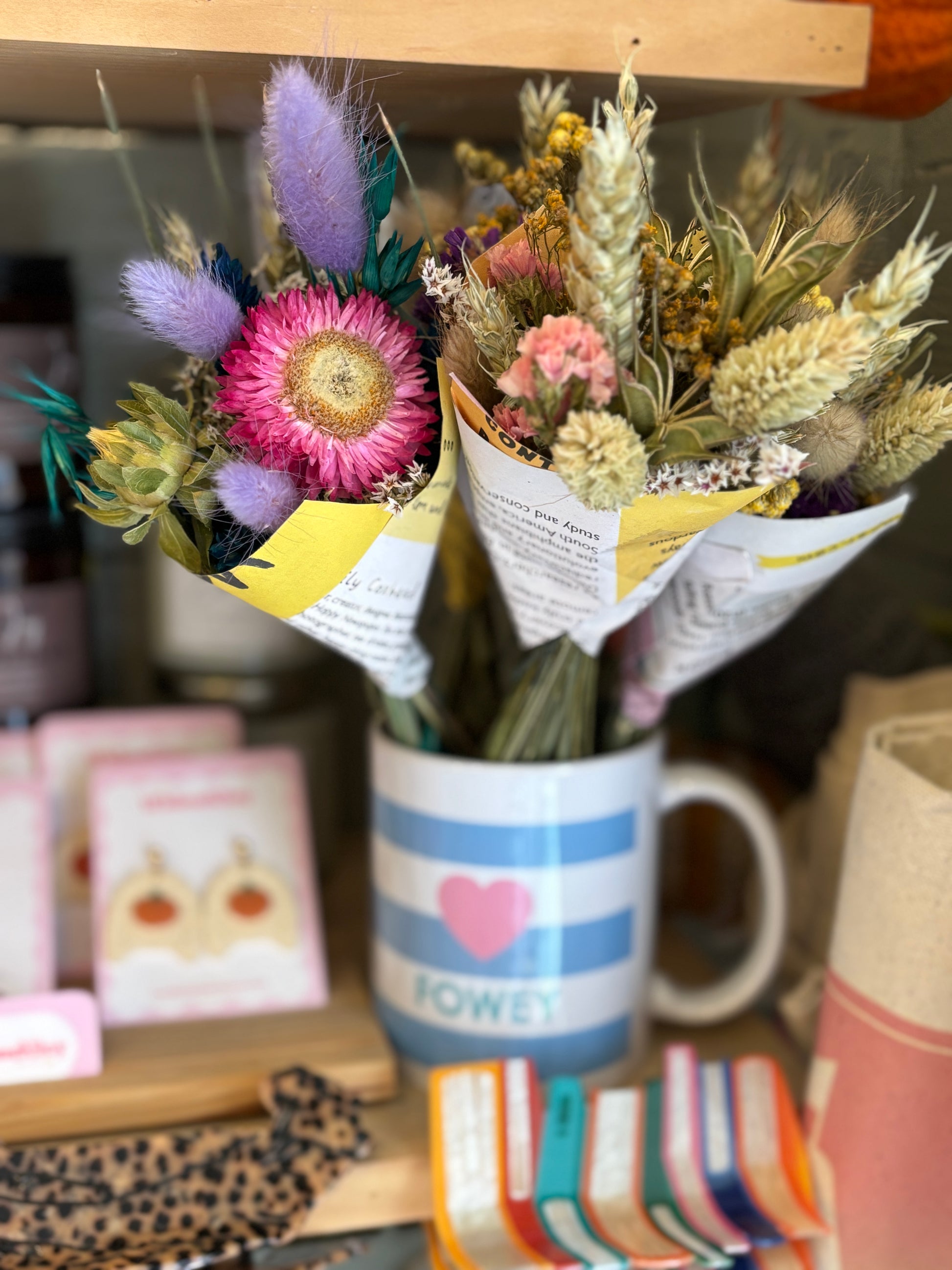 mini dried flower bouquet in striped mug with pink heart, featuring strawflowers, bunny tails, billy balls—charming rustic gift idea