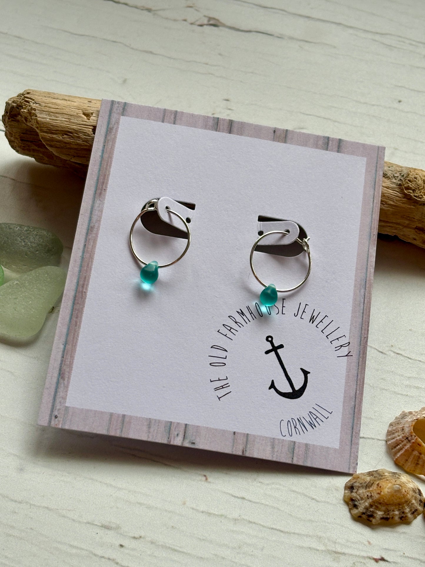aqua glass teardrop hoop earrings, minimalist sterling silver coastal jewelry, ocean inspired beach gift for her