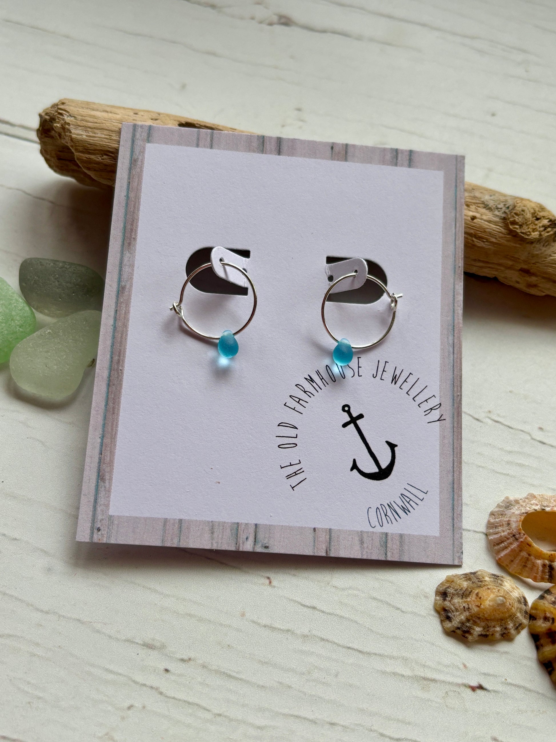 sterling silver hoop earrings with bright blue mini glass teardrop beads, coastal beach style jewelry gift for her