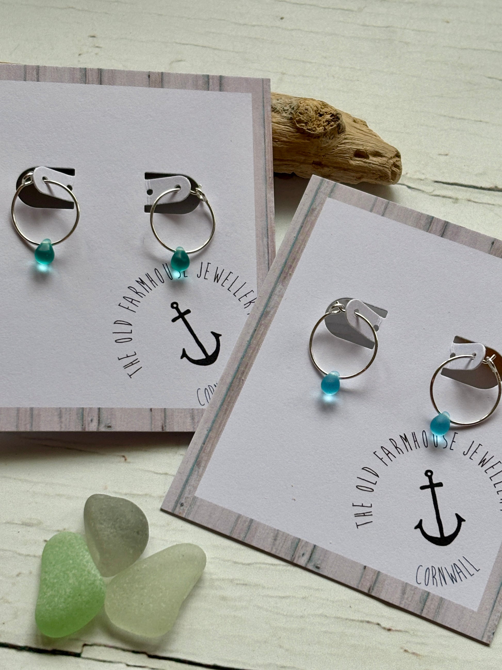 sea glass teardrop bead hoop earrings turquoise, cornish coastal jewelry, sterling silver hoops, nautical beach style