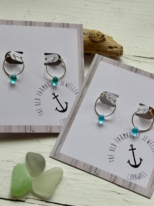 sea glass teardrop bead hoop earrings turquoise, cornish coastal jewelry, sterling silver hoops, nautical beach style