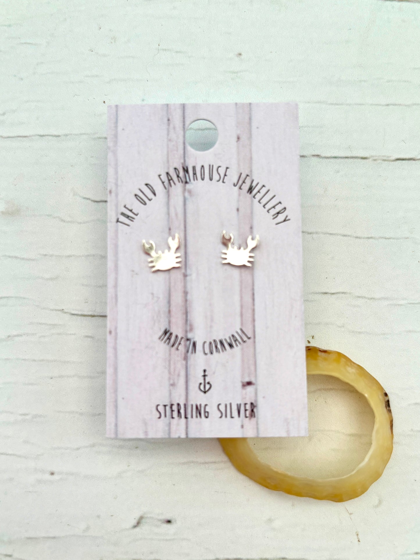 mini crab sterling silver stud earrings tiny sea life shape, handmade Cornwall jewelry great ocean lover gift, beach accessory