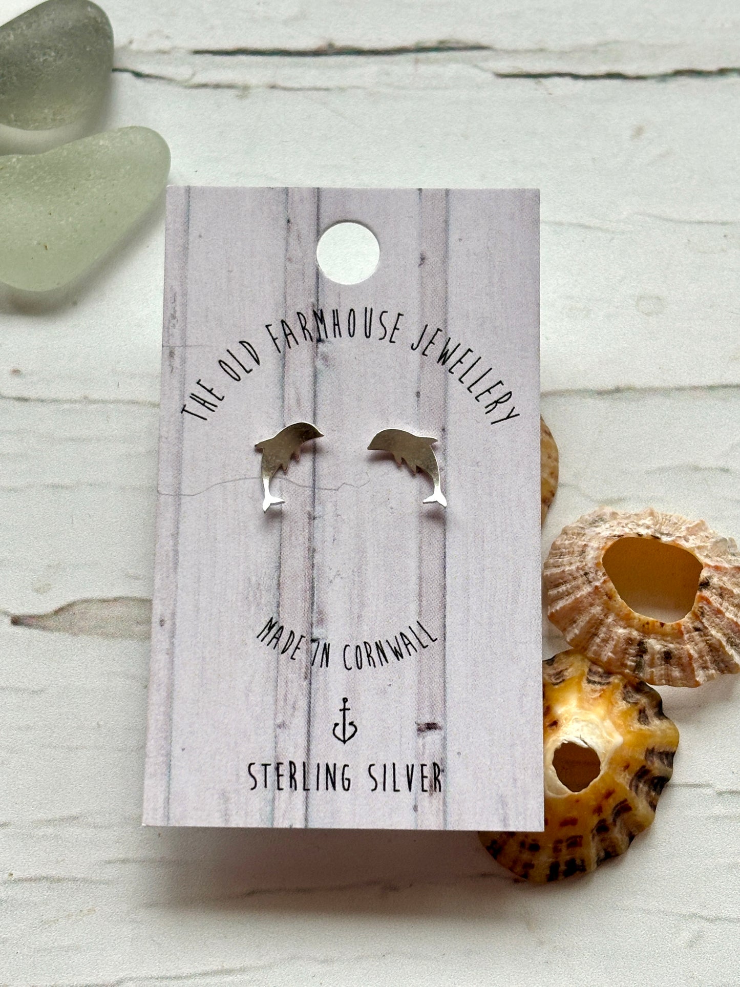 mini dolphin sterling silver stud earrings tiny sea life shape, handmade cornwall jewelry minimalist accessory, ocean gift