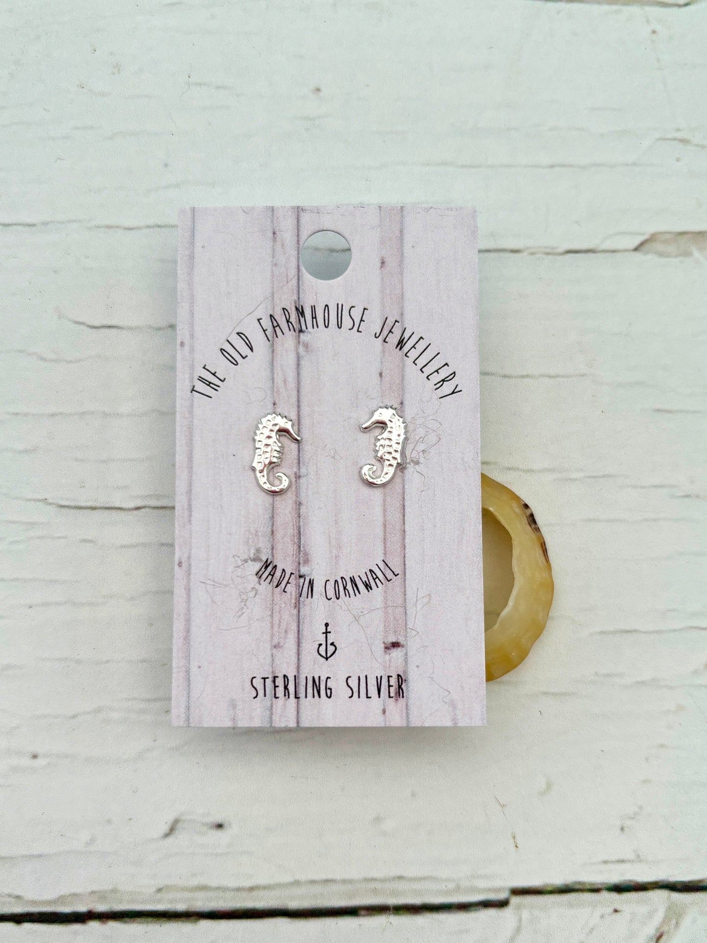 mini seahorse sterling silver stud earrings tiny sea life shape, handmade cornwall jewelry minimalist accessory, ocean gift