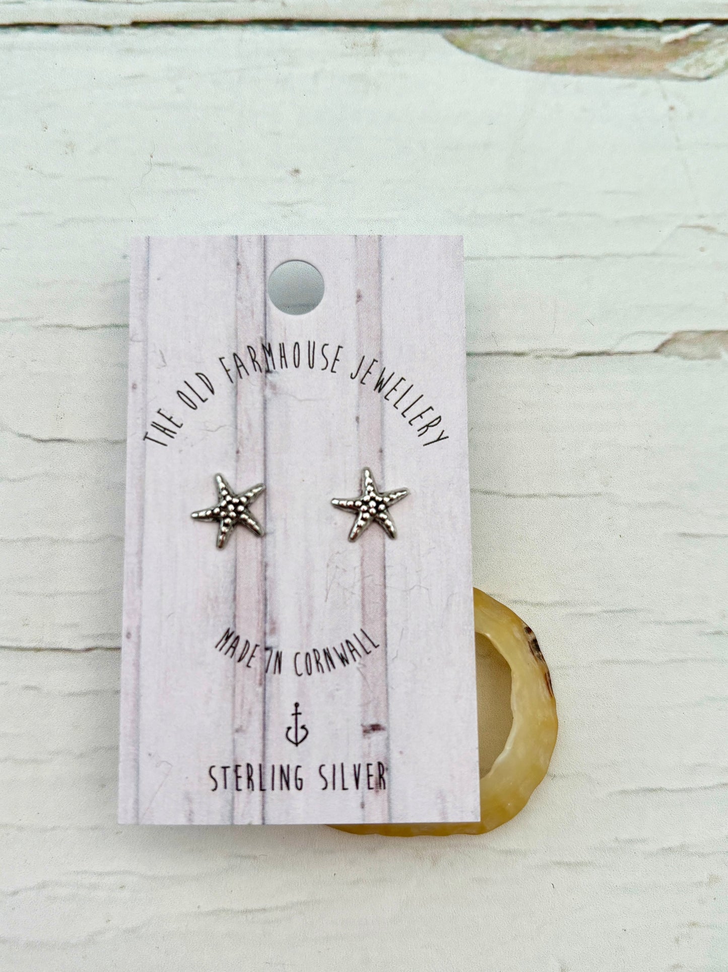 mini starfish sterling silver stud earrings tiny sea life shape, handmade cornwall jewelry minimalist accessory, ocean gift