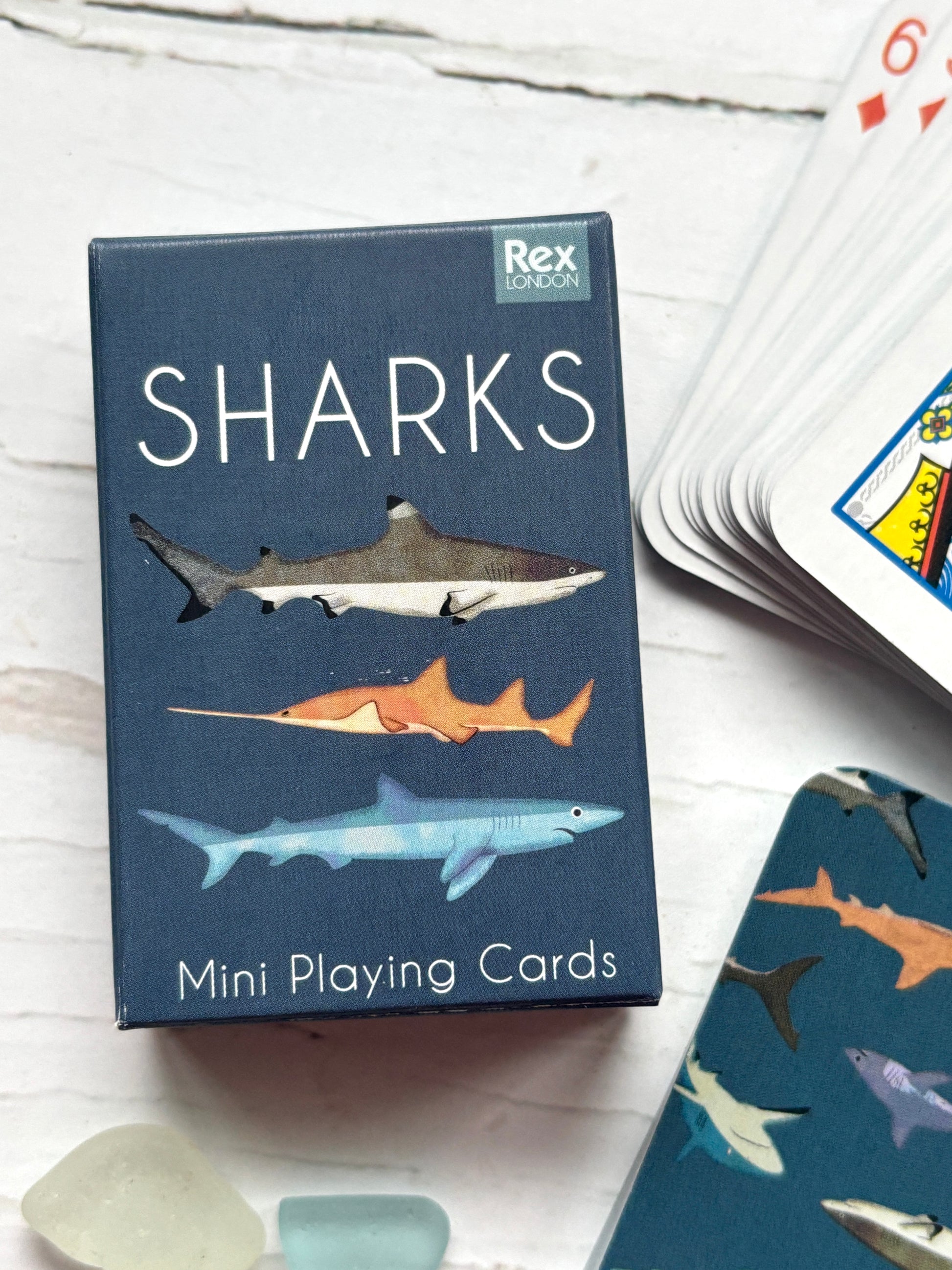 mini shark playing cards from Rex London feature colorful shark designs, compact box, ideal for travel, kids, and game lovers