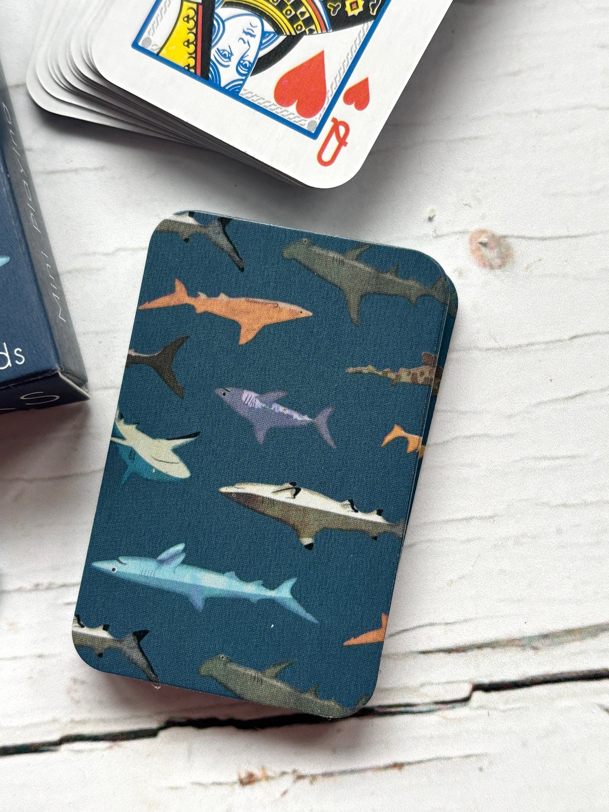 closeup shot of miniature shark-themed playing cards featuring colorful illustrated sharks on teal background, novelty deck
