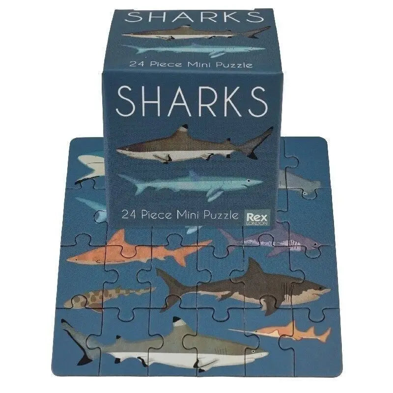 Rex London 24-piece mini sharks puzzle set with storage box educational travel toy, ocean animal theme gift for children