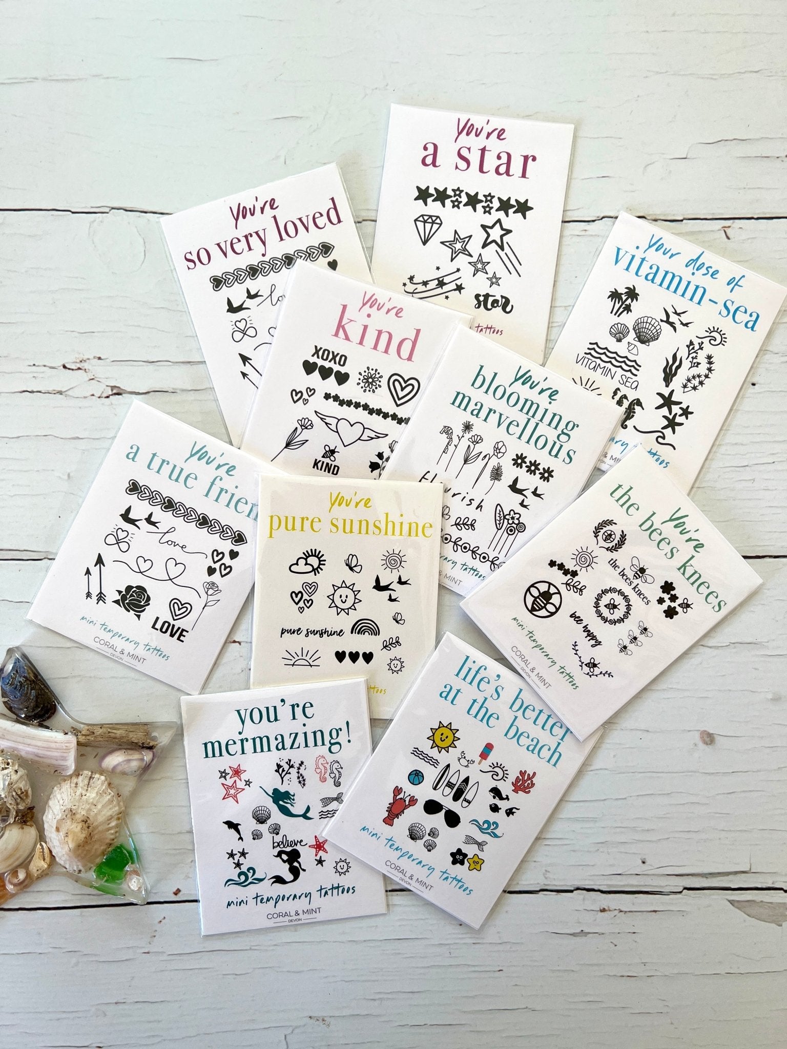 beach-themed mini temporary tattoo set with uplifting messages, perfect for gifting, party favors, or self-care