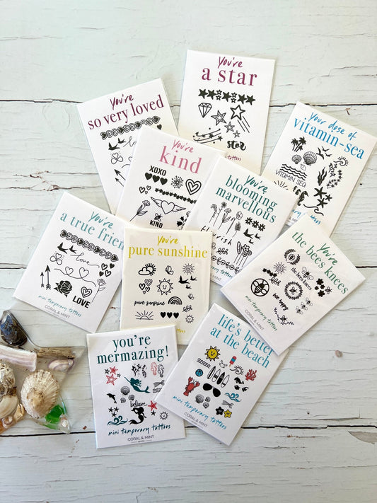 beach-themed mini temporary tattoo set with uplifting messages, perfect for gifting, party favors, or self-care
