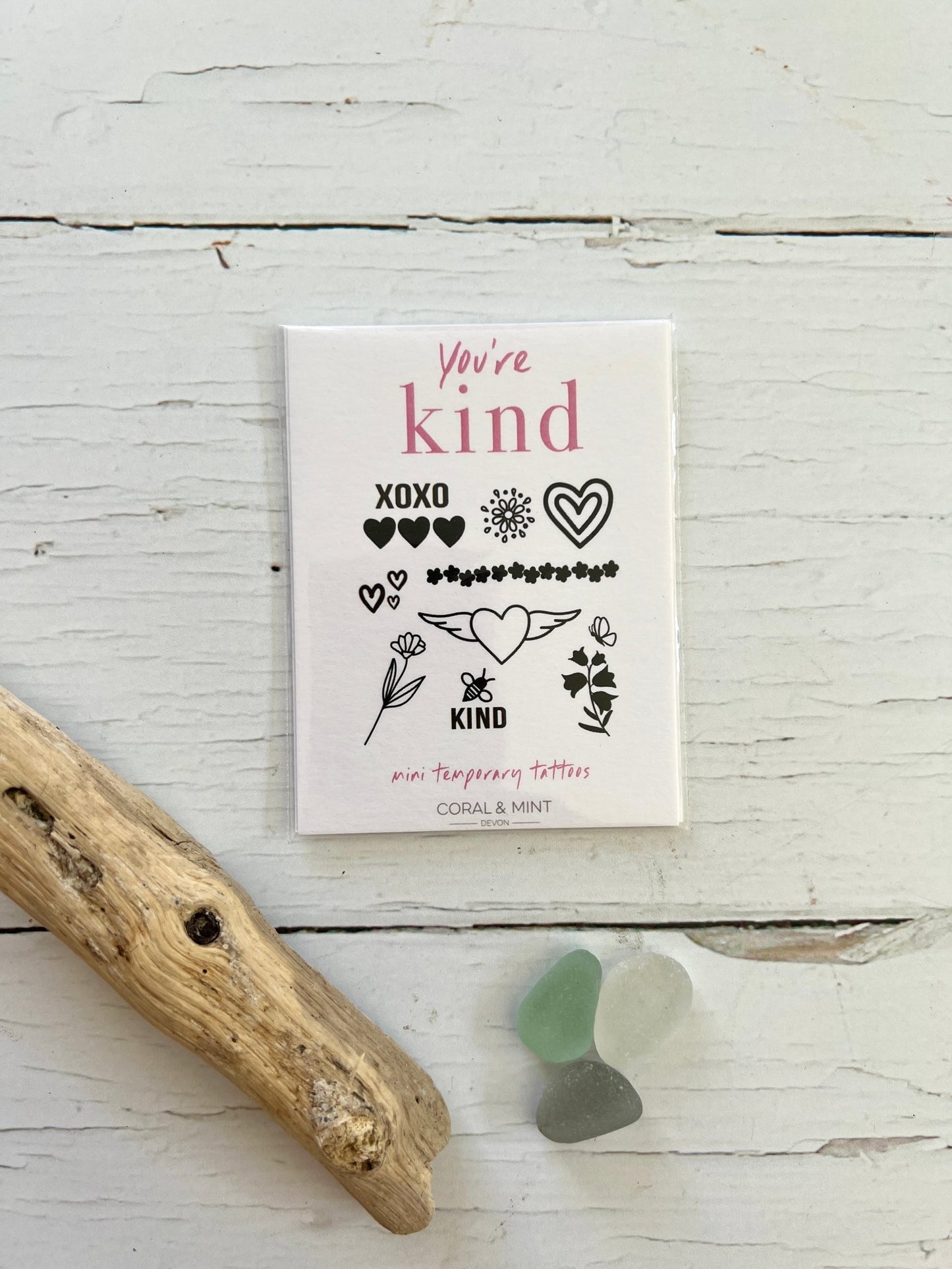 kindness-themed mini temporary tattoo set with hearts, flowers, and affirmations—ideal for gifting or self-care
