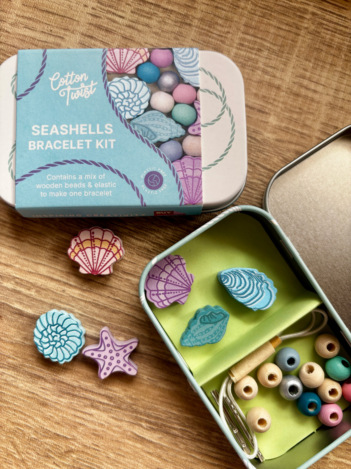 Wooden Bead Bracelet Making Kits in Gift Tins: Mermaid, Daisy, Unicorn, Wildflowers, Strawberry; Festival