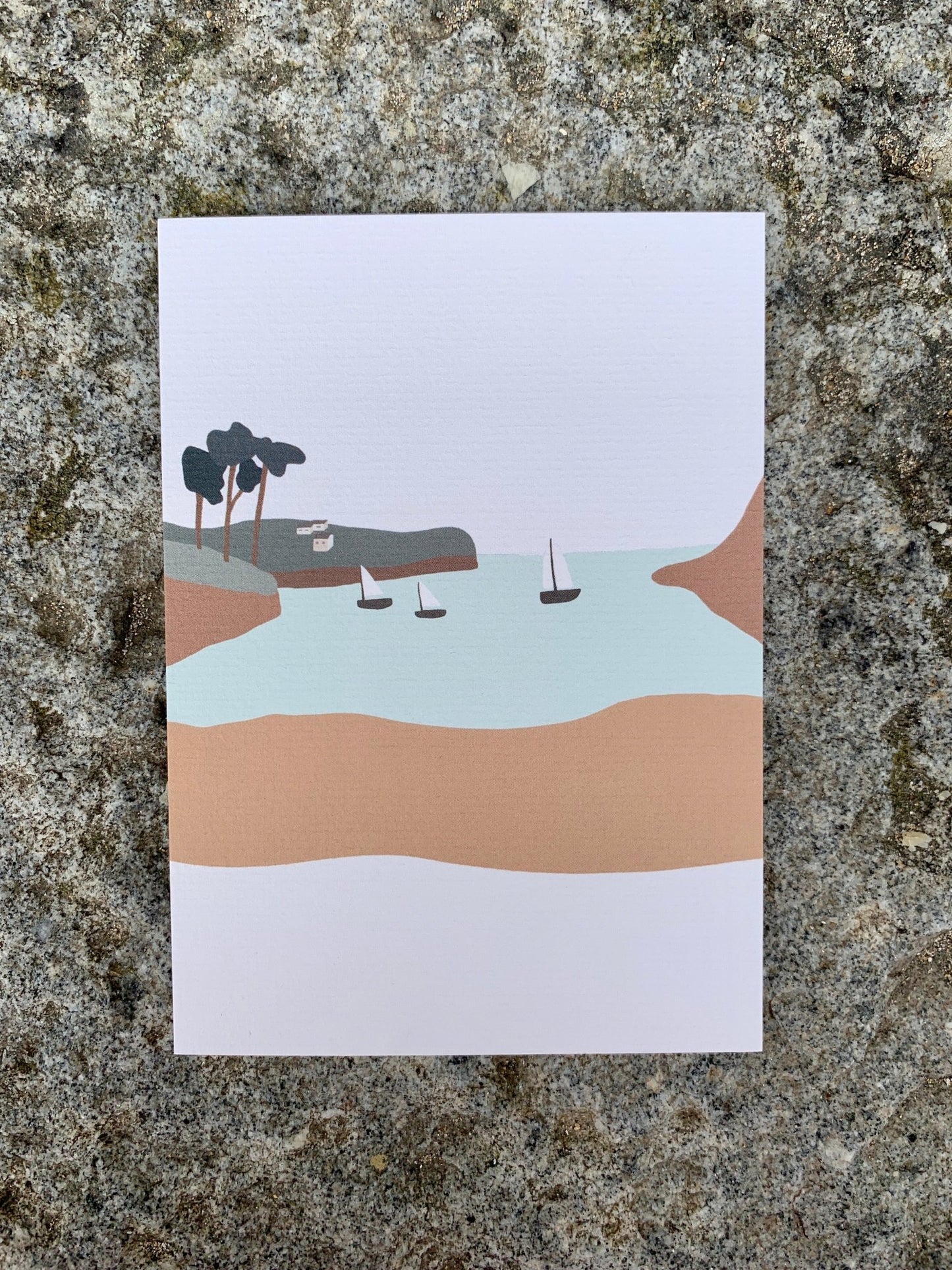 minimalist coastal postcard with sailboats, abstract seaside landscape, and soft pastel tones—serene wall art
