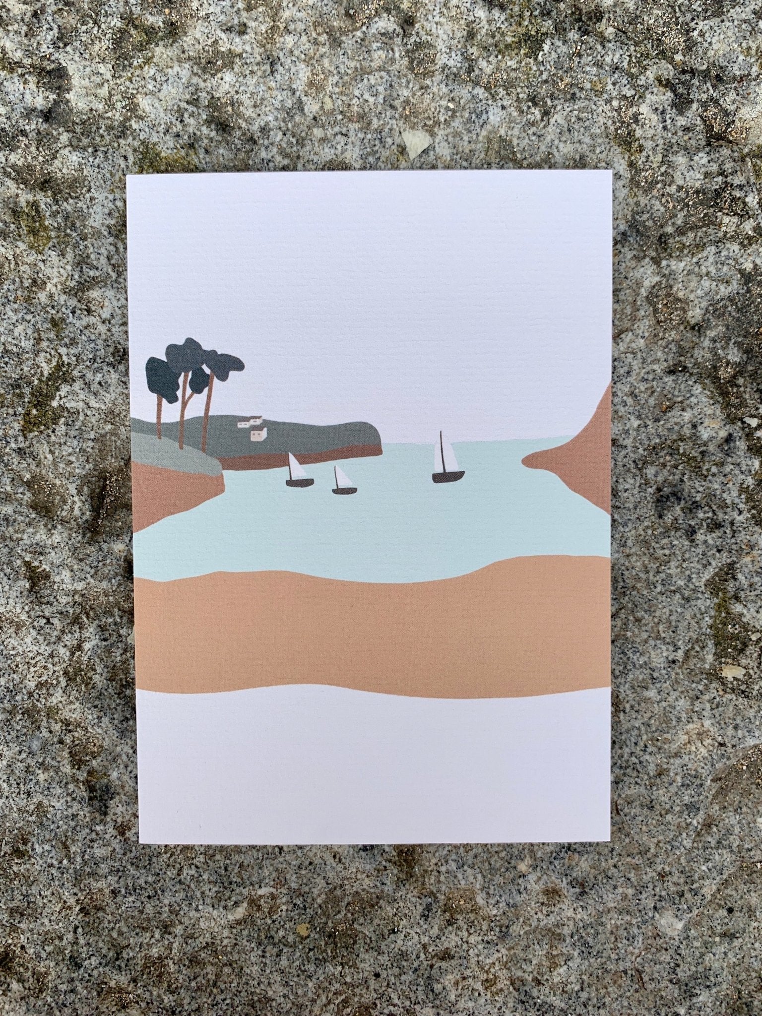 minimalist coastal postcard with sailboats, abstract seaside landscape, and soft pastel tones—serene wall art