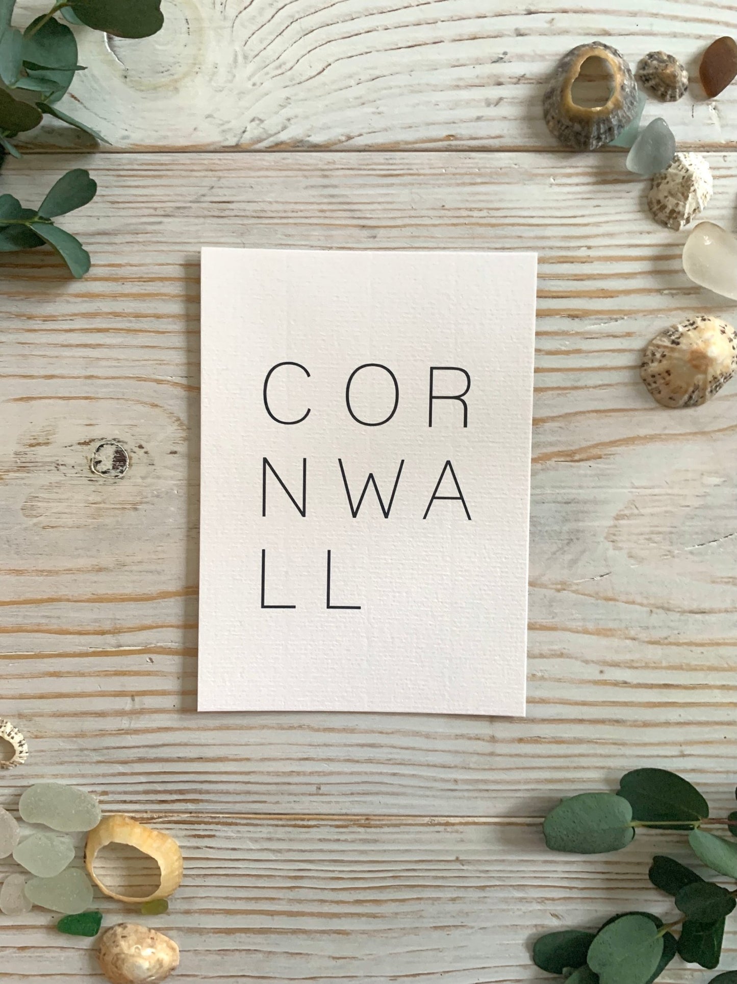 minimalist Cornwall art postcard with coastal typography—perfect for beach lovers, travel decor, or souvenir gifting