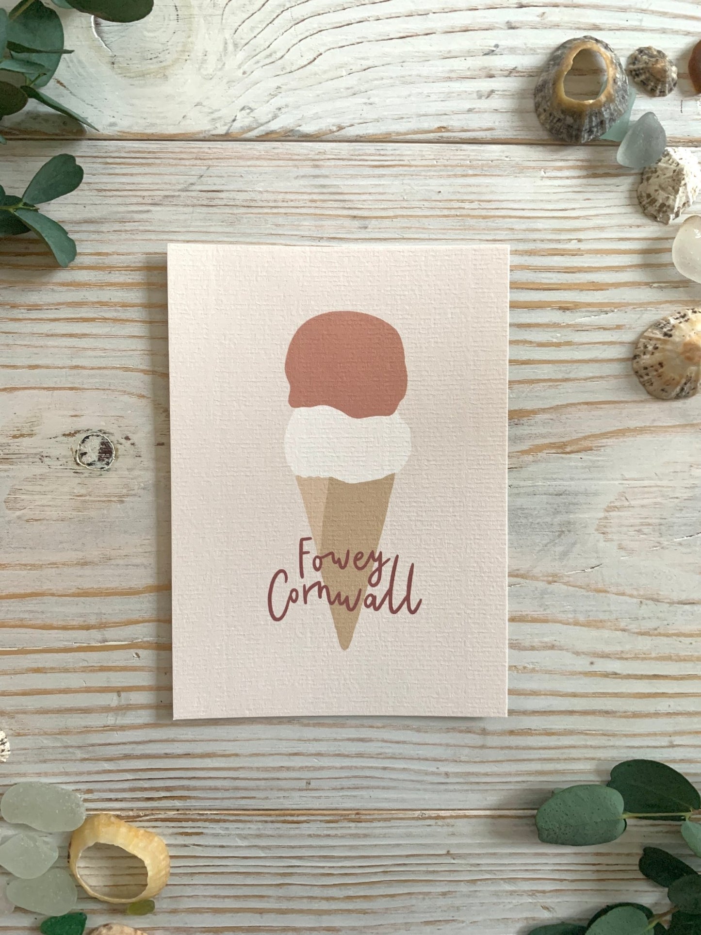 minimalist ice cream art postcard featuring Fowey Cornwall—perfect for summer decor, souvenirs, or coastal gifting
