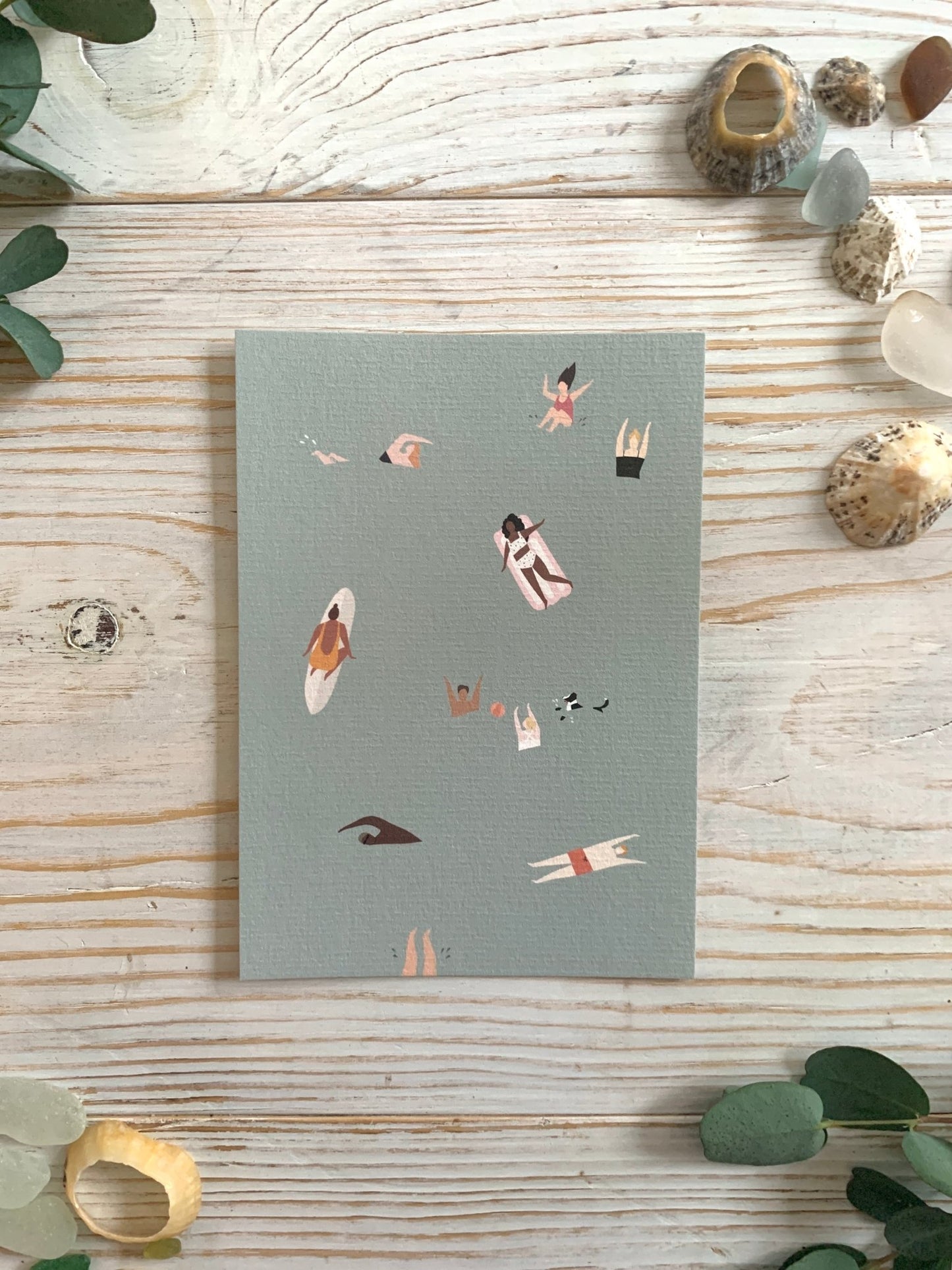 minimalist beach-themed art postcard with swimmers and surfers—perfect for coastal decor or summer gifting