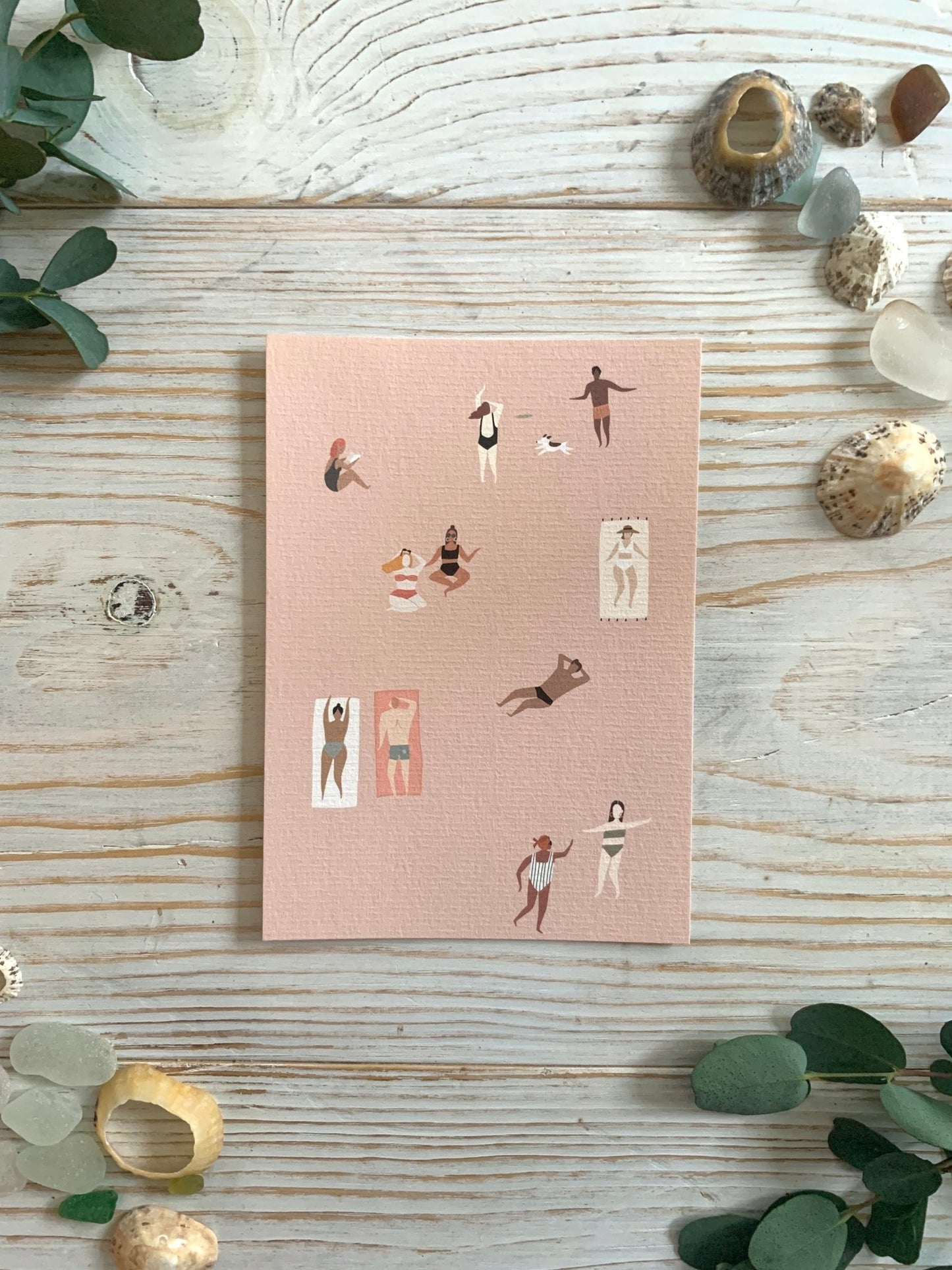 minimalist summer art postcard with sunbathers in swimwear—perfect for beach lovers, decor, or gifting