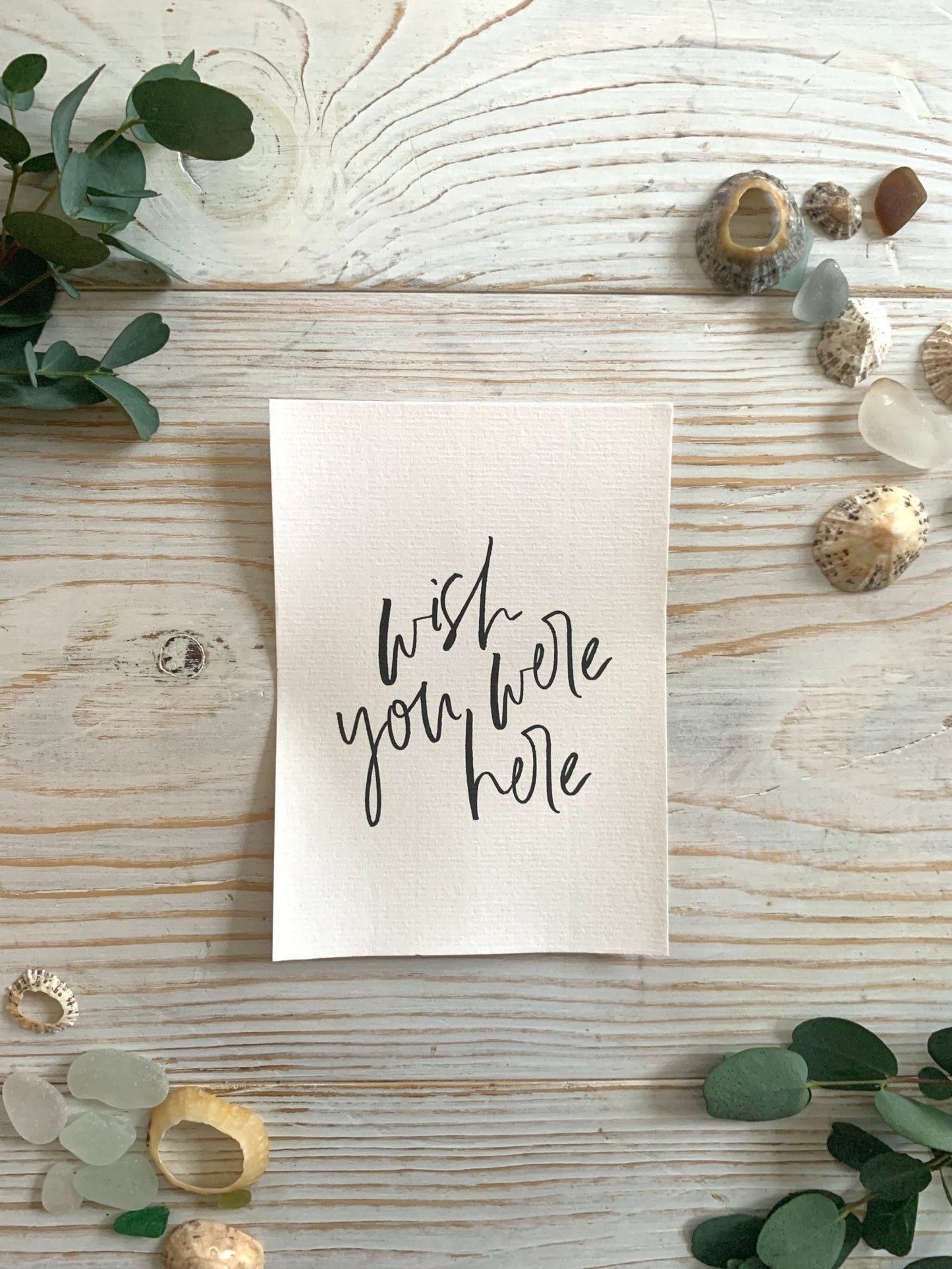 minimalist beach-themed postcard with cursive “wish you were here” text, seashells, sea glass, and green leaves