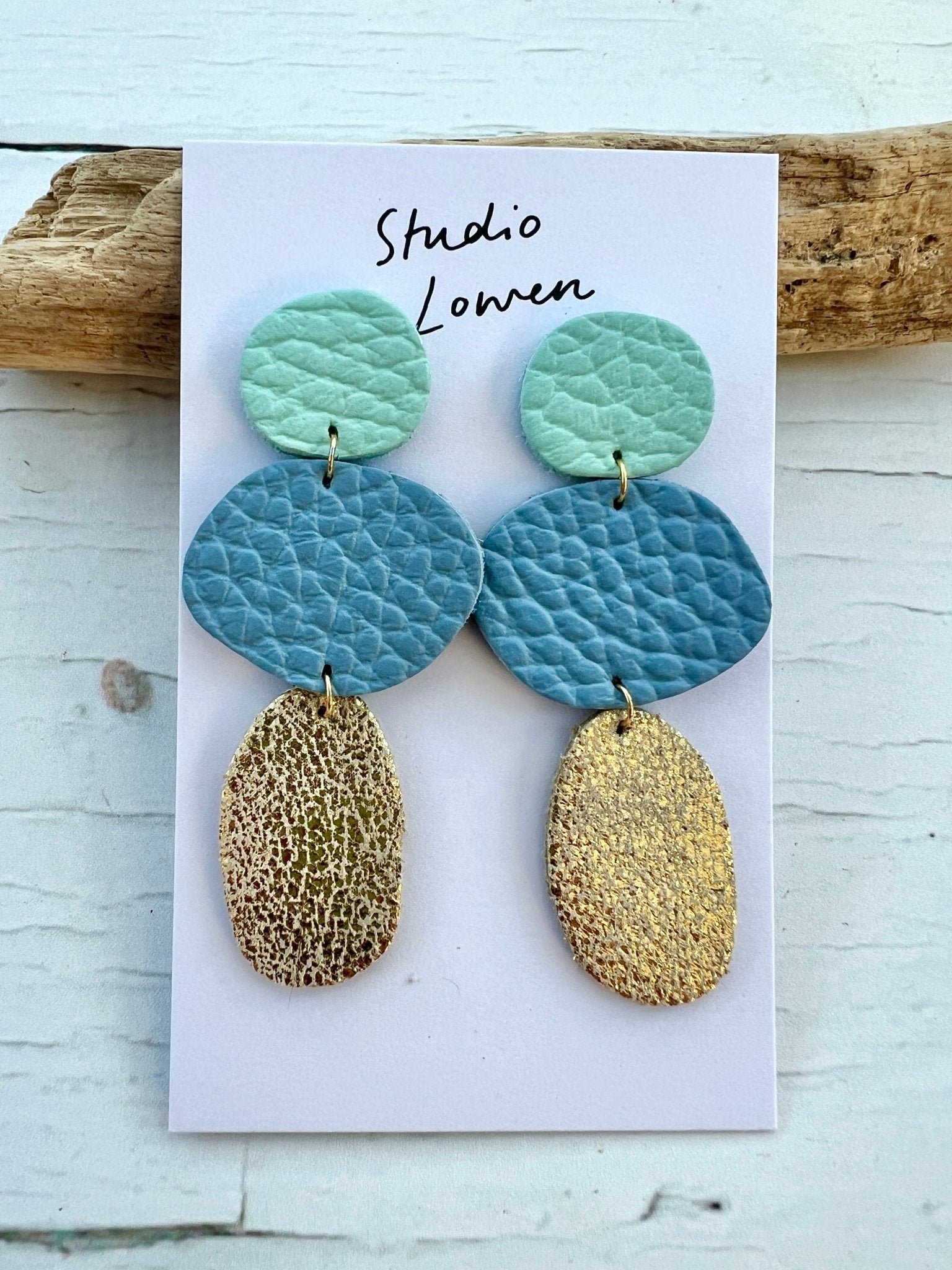 handmade coastal drop earrings with mint, blue, and gold leather layers—lightweight, modern, and beach-inspired