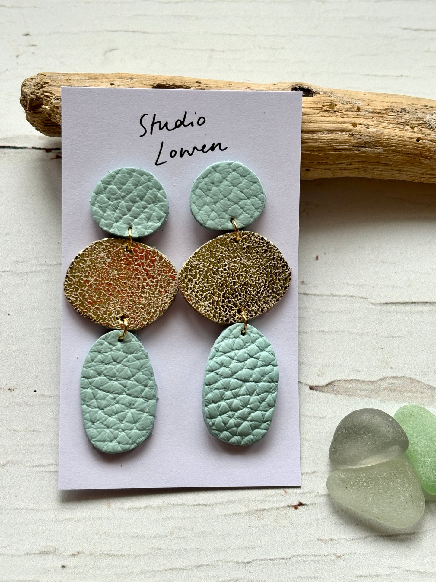 triple drop mint green and gold leatherette earrings coastal beach boho jewelry layered textured statement piece