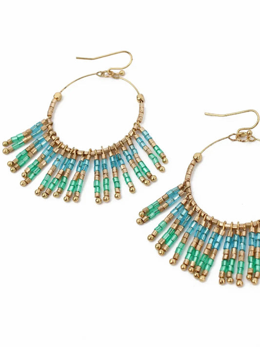 Mint Blue & Gold Beaded Tassel Statement Earrings
