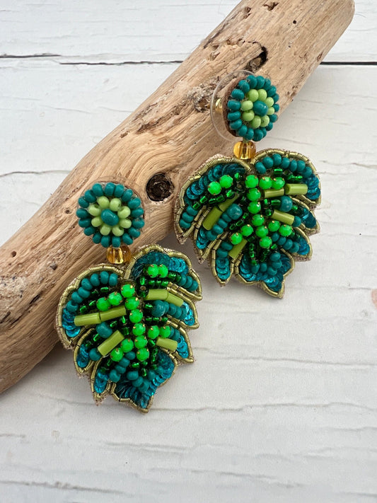 Monstera Leaf Swiss Cheese Plant Hand Beaded Earrings - Readymoney Beach Shop